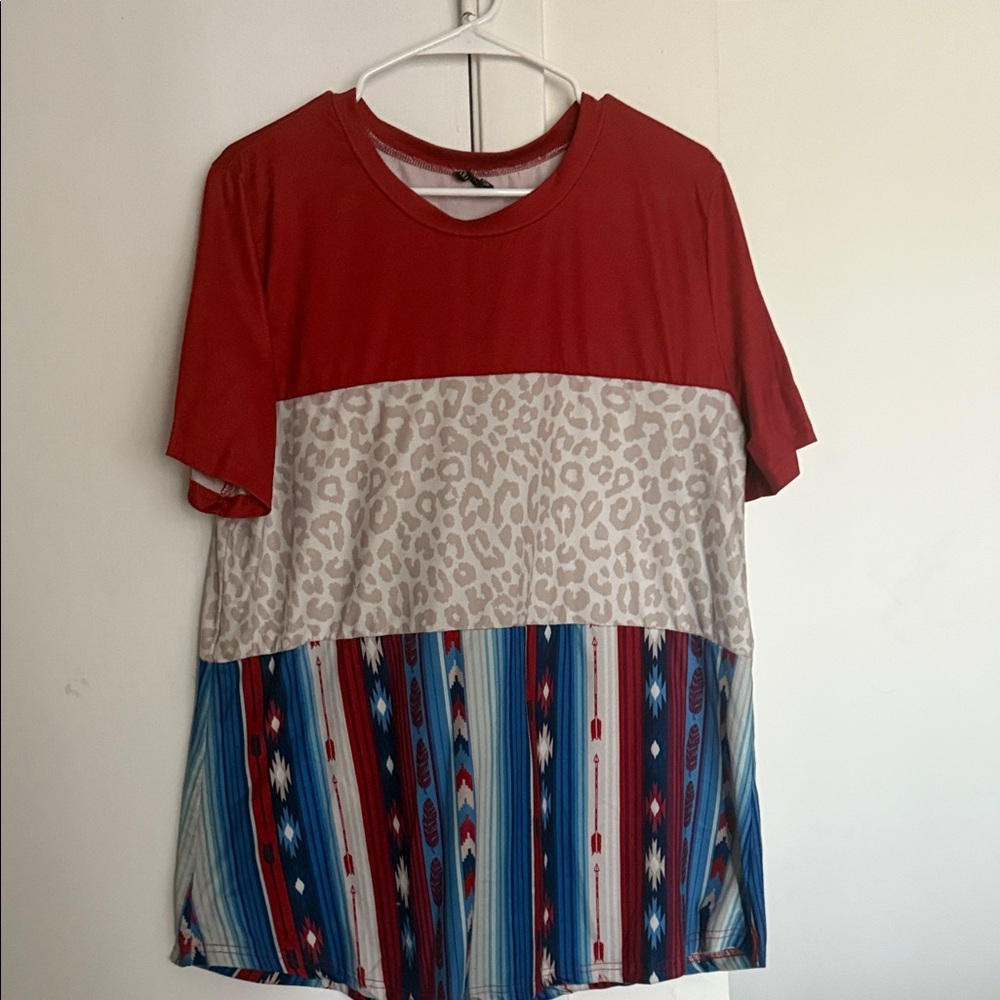 Crazy Train Burnt Red And Patterned Colorblock T-… - image 1